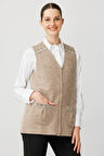 Kadın V Yaka Önü Keçe Fermuarlı Kısa Yün Yelek K.Bej