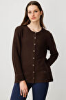 Kadın Sıfır Yaka Sahte Cepli Düğmeli Hırka Kahve