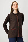 Kadın Sıfır Yaka Önü Keçe Kısa Yün Ceket K.Kahve