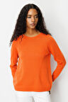 Kadın Sıfır Yaka Önü ve Kol Ortası Saç Örgü Yün Kazak Portakal