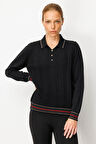 Kadın Polo Yaka Simli Çizgili Yün Bluz Siyah