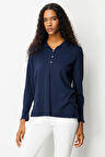 Kadın Polo Yaka Yakası ve Kolu Düğmeli Bluz Lacivert
