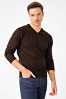 Erkek Basic V Yaka İnce Triko Kazak Koyu Kahve