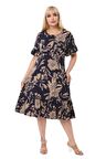 Melsay Butik Lacivert Palmiye Fırfırlı Kısa Kollu Kadın Midi Elbise