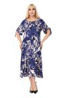 Melsay Butik Mavi Batık Desen Bağlamalı Kısa Kollu Kadın Midi Elbise