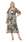 Melsay Butik Yeşil Batık Desen Bağlamalı Kısa Kollu Kadın Midi Elbise
