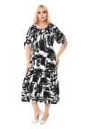 Melsay Butik Fırça Desen Bağlamalı Kısa Kollu Kadın Midi Elbise
