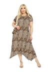 Melsay Butik Küçük Leopar Desen Asimetrik Kısa Kollu Uzun Elbise