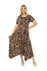 Melsay Butik Büyük Leopar Desen Asimetrik Kısa Kollu Uzun Elbise