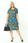 Melsay Butik Turkuaz Desen Kısa Kollu Büyük Beden Midi Elbise
