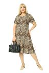 Melsay Butik Küçük Leopar Desenli Kısa Kollu Büyük Beden Midi Elbise