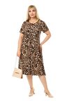 Melsay Butik Büyük Leopar Desenli Kısa Kollu Büyük Beden Midi Elbise