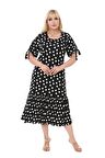 Melsay Butik Siyah Puanlı Bağlamalı Kısa Kollu Kadın Midi Elbise