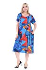 Melsay Butik Mavi Balık Desen Kuplu Cepli Kısa Kol Kadın Midi Elbise