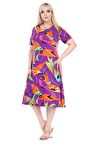 Melsay Butik Mor Balık Desen Kısa Kollu Büyük Beden Midi Elbise