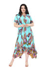 Melsay Butik Turkuaz Renkli Şal Desen Asimetrik Kısa Kollu Elbise