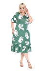 Melsay Butik Fırfırlı Kısa Kollu Yeşil Beyaz Yaprak Desenli Cepli Elbise