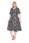 Melsay Butik Kadın Büyük Beden Eteği Fırfırlı Siyah Yaprak Desen Cepli Elbise