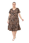 Melsay Butik Göğüsten Robalı V Yaka Kısa Kollu Leopar Desen Cepli Elbise