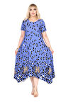 Melsay Butik Mavi Sulu Leopar Desen Asimetrik Kısa Kollu Elbise