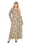Melsay Butik Krem Yaprak Desen Uzun Kollu Kadın Tesettür Elbise