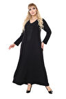 Melsay Butik Siyah Uzun Kollu Güpür Yaka Uzun Elbise