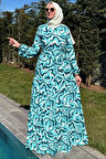 Su Desenli Elbise Turkuaz