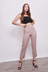 Kadın Yüksek Bel Rahat Kesim Şık Ofis Süs Cepli Havuç Pantolon-Pudra