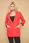 Yakalı Cepli Uzun Kol Kolu İsterse Katlanabilen Pamuklu Kumaş Blazer Ofis Ceket-Mercan