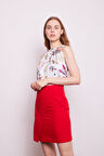 Yüksek Bel Anvelop Kruvaze Pamuklu Likralı Kumaş Kalem Ofis Etek-Kırmızı