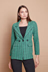 Desenli Yakalı Cep Kapaklı Ayarlanabilir Düğmeli Uzun Kol Blazer Ceket-Yeşil