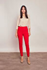 Kalın Kemerli Süs Cepli Bilek Boy Likralı Kumaş Pantolon-Kırmızı 