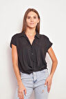 Likrasız Şık Kumaş Yakalı Düşük Omuzlu Önü Pileli Gömlek-Siyah