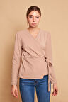 Kruvaze Anvelop Yandan Ayarlanabilir Bağlamalı Uzun Kol Hafif Likralı Triko Bluz-Koyu Bej