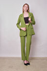 Kadın Yakalı Cep Kapaklı Uzun Kol Hafif Likralı Kumaş Oversize Blazer Ceket(Pantolonu Jument 40075)-Fıstık Yeşili