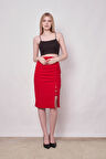 Kadın Dantel Detaylı Önü Büzgülü Yırtmaçlı Diz Altı Likralı Krep Kumaş Etek-Kırmızı