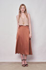 Kadın Likrasız Saten Kumaş Yüksek Bel Çan Etek-Camel