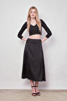 Kadın Likrasız Saten Kumaş Yüksek Bel Çan Etek-Siyah