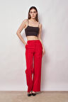 Yüksek Bel Yan Cepli Bol Paça Hafif Esnek Dokuma Kumaş Palazzo Pantolon-Kırmızı 