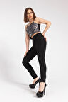 Power Strech Likralı Dar Kesim Yüksek Bel Beli Lastikli Bilek Boy Pantolon-Siyah