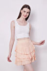 Yazlık Kumaş Fırfırlı Diz Üstü Mykonos Etek-Pudra
