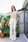 Keten Yüksek Bel Beli Lastikli Yan Cepli Bol Paça Pantolon -Beyaz 