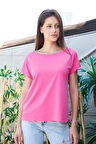 Kadın Kayık Yaka Düşük Omuzlu Kırışmaz Span Karışımlı Şık T-shirt Bluz-Fujya