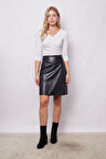 Kadın Hafif Likralı Deri Yüksek Bel Diz Boy Çan Etek-Siyah