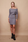 Kadın Kayık Yaka Uzun Kol Diz Boy Esnek Triko Elbise-Gri