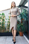 Kadın Likralı Triko Kumaş Tam Balıkçı Asimetrik Uzun Kol Diz Boy Elbise-Bej 