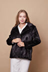Kadın Yakalı Yan Cepli Kısa Kalın Suni Kürk Mont Kaban-Siyah