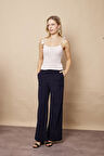 Kadın Kadife Likralı Esnek Yumuşak Dokulu Yüksek Bel Yan Cepli Bol Paça Palazzo Pantolon-Lacivert