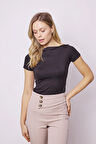 Kadın Kayık Yaka Büzgü Detaylı Hafif Parlak Likralı Tok Kumaş Kısa Kol Bluz Body-Siyah