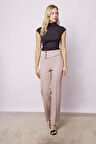 Kadın Yüksek Bel Önü Dikişli Kemeri Düğmeli Rahat Paça Hafif Likralı Kumaş Ofis Pantolon-Taş
